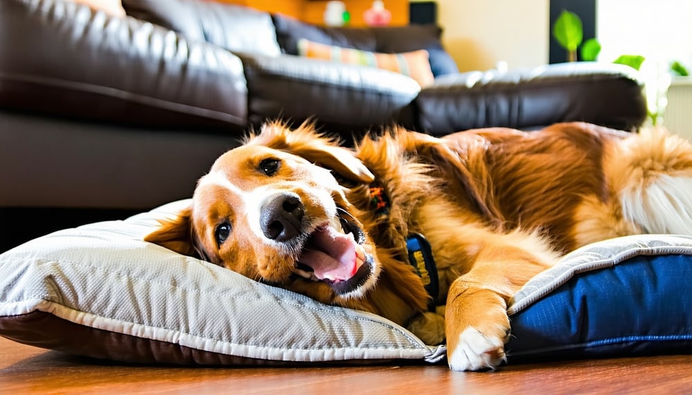 Happy dog relaxing comfortably at a home-based dog boarding service